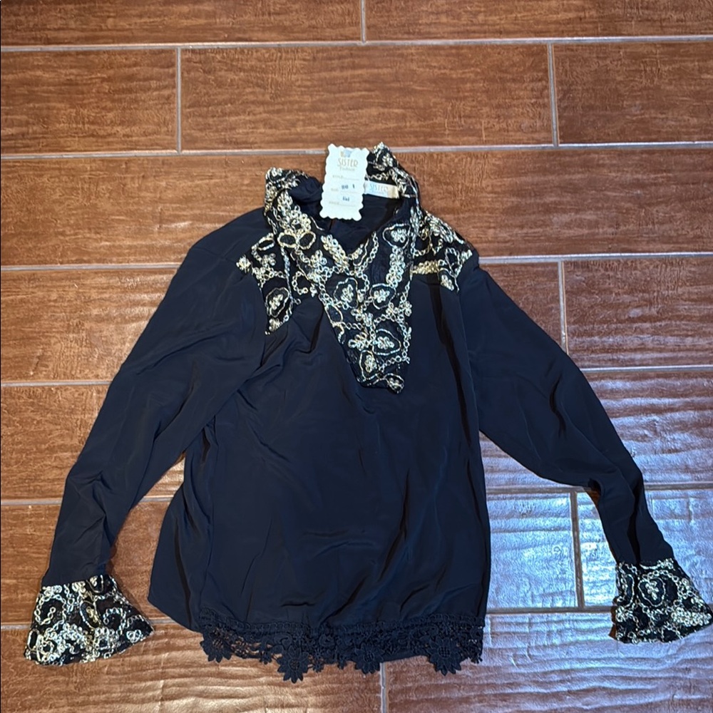 Black and Green Embellished Ruffled Long Sleeve Blouse